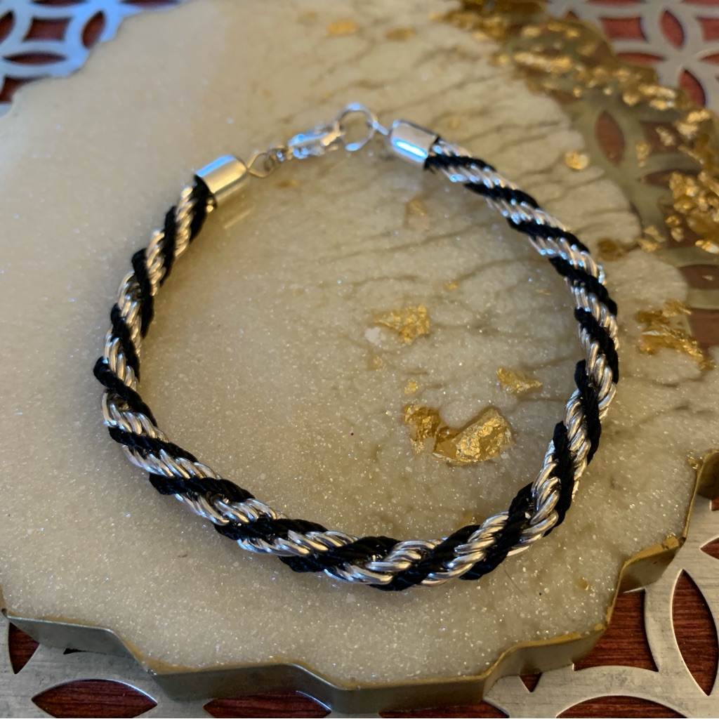 Rope Style Black Silver Tone Twisted Bracelet